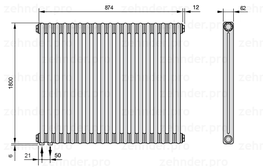 Схема (чертеж) Радиатор Zehnder Charleston 2180/19 №3370 Белый глянцевый RAL 9016